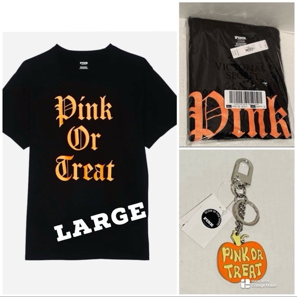 VS PINK NWT Pink or Treat Campus Cotton Tee & Glow-in-the-Dark Keychain Charm - Picture 1 of 9